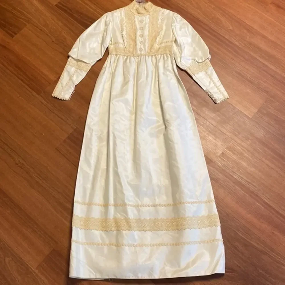 holiday dress old navy 1970s Victorian Revival Bright White Wedding Dress with High Collar, E –  HobbyBobbins main image 1